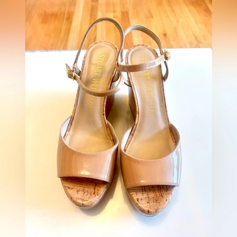 Stuart Weitzman Palmina Nude Cork Wedge Sandals - Picture 5 of 6
